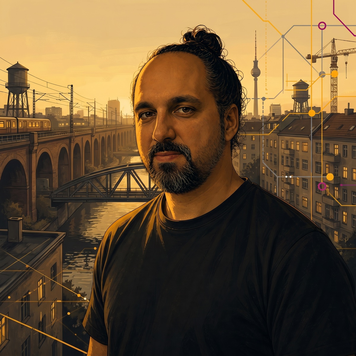 Stylized grounded portrait of Jan Riethmayer in front of a golden-dusk Berlin: S-Bahn viaduct, Spree bridge and TV tower behind him